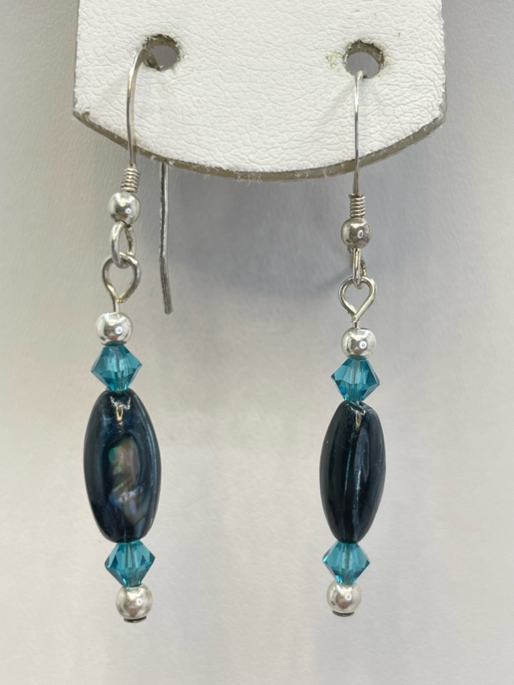 925 Sterling Silver Abalone Shell Teal Crystal Dangle Earrings Elegant